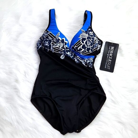 Miraclesuit‎ NWT It's a Wrap One Piece Swimsuit Black Blue Floral Women's Sz 8 - Picture 1 of 8